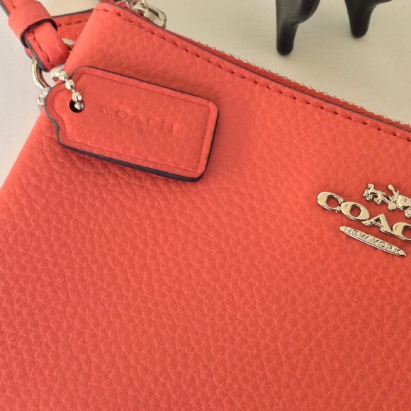 Coach Pebbled Leather Double Zip Around Wallet Wristlet Bright Poppy - Picture 3 of 6